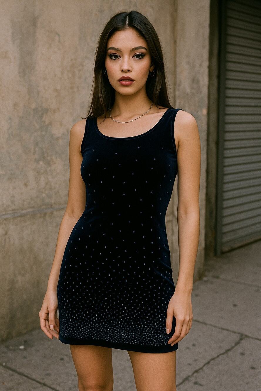 Y2K CITY Triangles Beaded Velvet Blue Sleeveless Mini Dress Size Medium